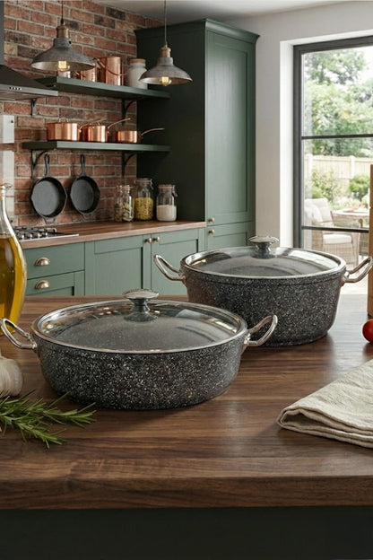 2'li Orta Boy Tencere Set 24 Cm Derin ve 26 Cm Pilav Karnıyarık Granit Döküm Tencere Seti
