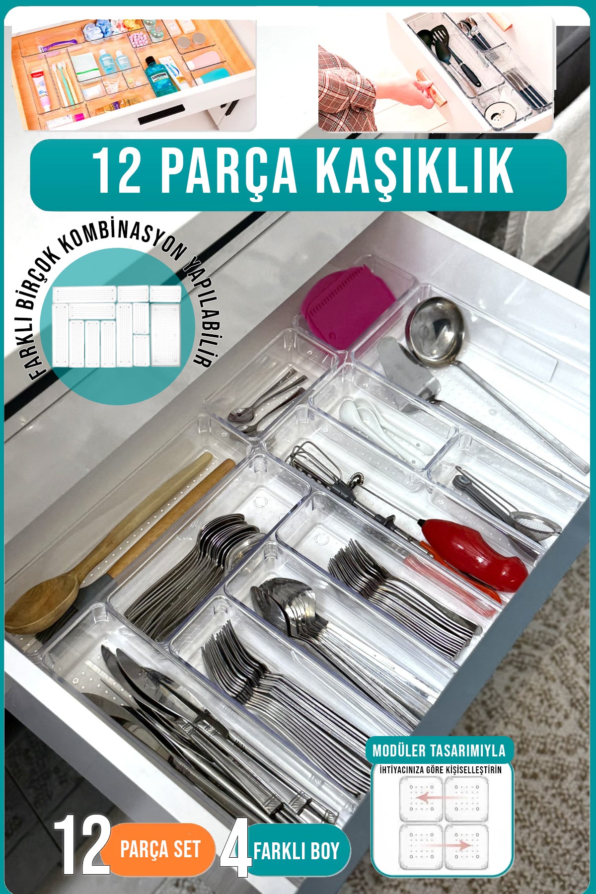 12'li Kaşık ve Kepçe Düzenleyici Modüler Organizer Çekmece İçi Düzenleyici Çift Çekmece Kullanılır