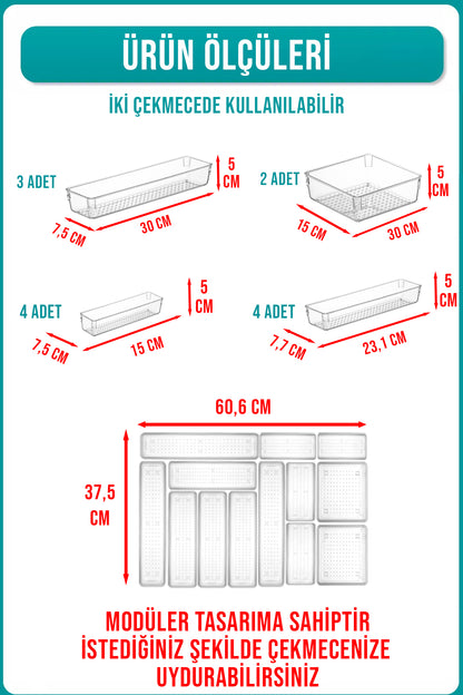 13'lü Modüler Kaşıklık ve Çekmece İçi Düzenleyici Şeffaf Organizer İki Çekmece Kullanılabilir