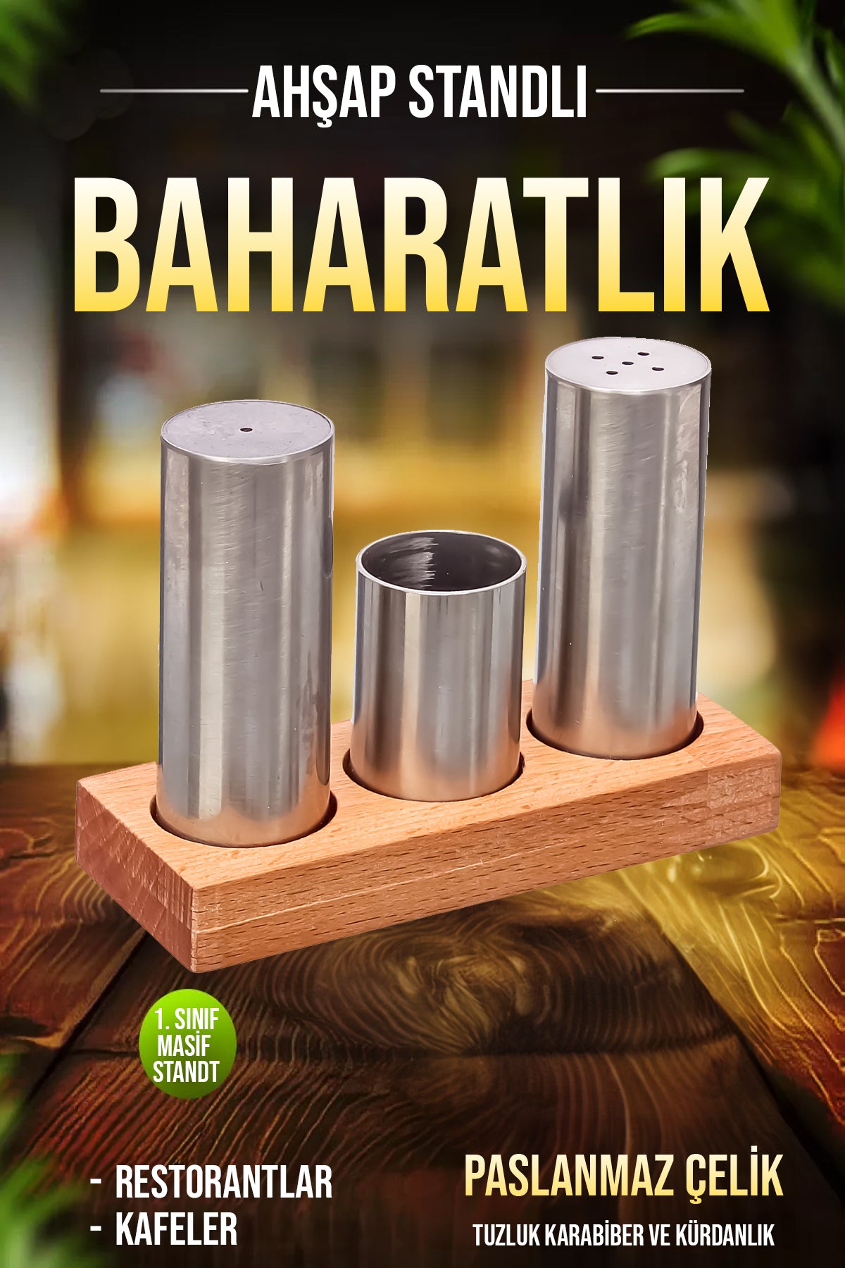3'lü Paslanmaz Çelik Boru Tuzluk ve Baharatlık Seti Ahşap Stantlı Kafe Restorant Baharatlık