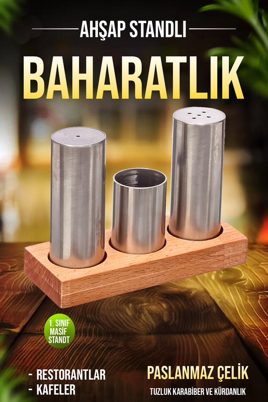 3'lü Paslanmaz Çelik Boru Tuzluk ve Baharatlık Seti Ahşap Stantlı Kafe Restorant Baharatlık