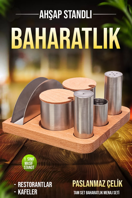 6'lı Paslanmaz Çelik Baharatlık Şekerik Menaj Seti Kafe ve Restorant Baharatlık Seti