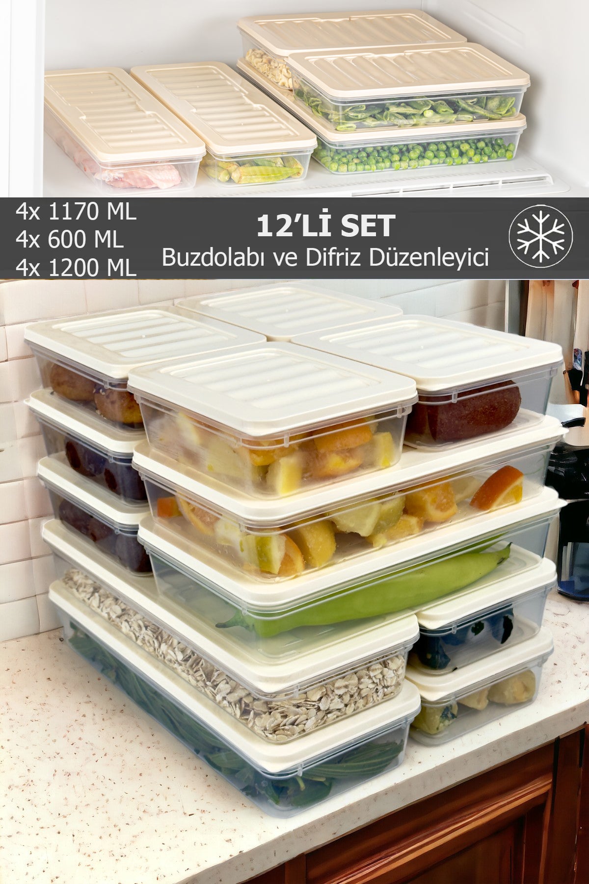 12 Adet Fitbox Saklama Kabı Buzdolabı ve Buzluk Düzenleyici Hava Geçirmez Set