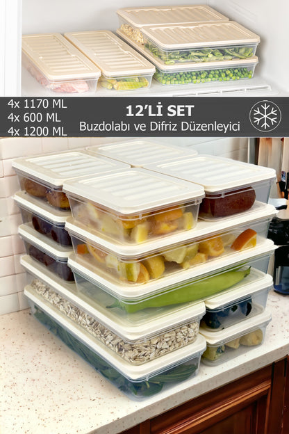 12 Adet Fitbox Saklama Kabı Buzdolabı ve Buzluk Düzenleyici Hava Geçirmez Set