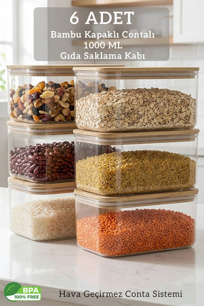 6’lı Bambu Kapaklı Dikdörtgen 1000 ML Hava Geçirmez Gıda Saklama Kabı Seti – 1 Litre