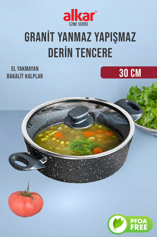 Granit Yanmaz Yapışmaz Derin Yemek Tenceresi El Yakmayan Saplar