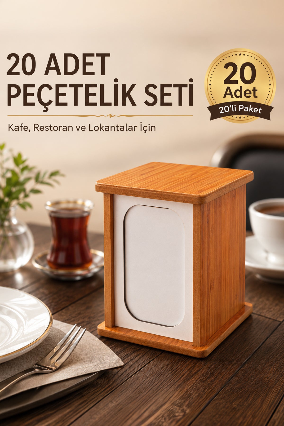 20'li Set Ahşap Peçetelik Kare Model | Kafe, Lokanta, Restoran ve Ofis İçin