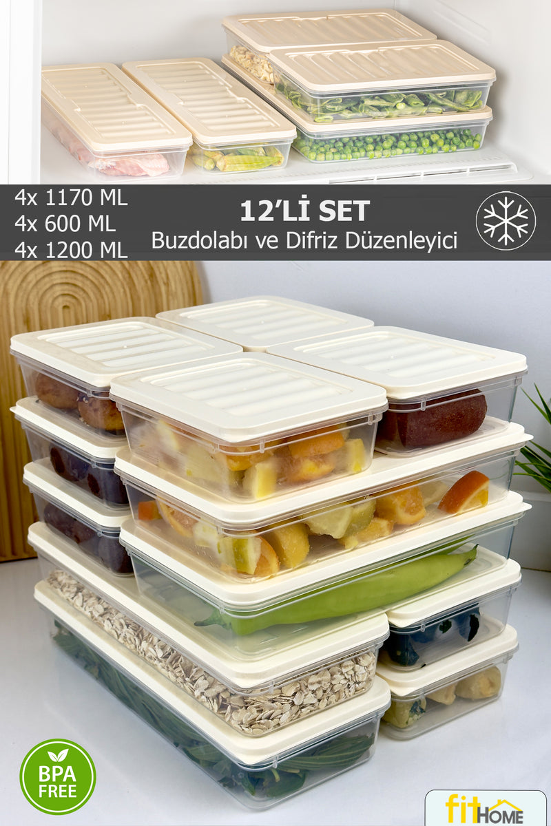 12 Adet Fitbox Saklama Kabı Buzdolabı ve Buzluk Düzenleyici Hava Geçirmez Set