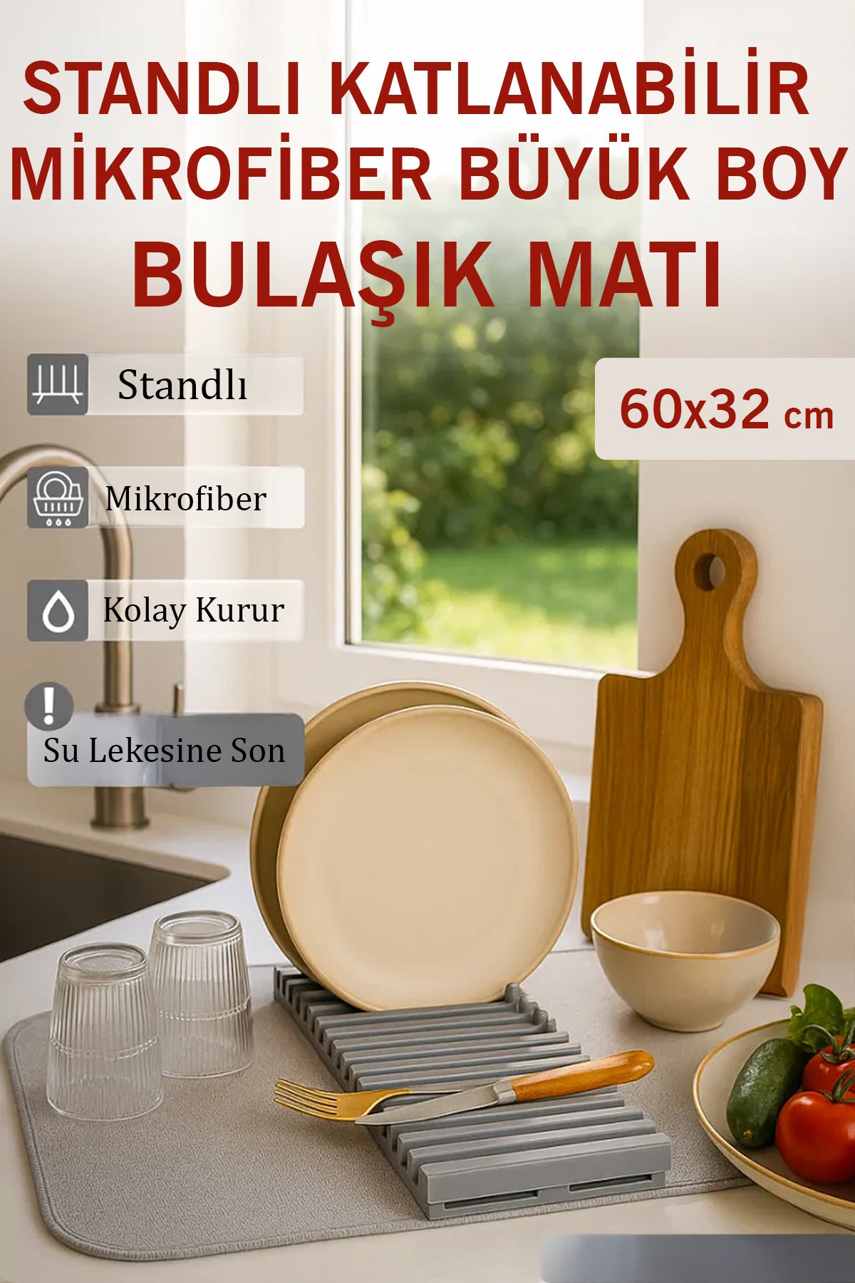 Bulaşıklık Katlanabilir 2 Katlı Büyük Boy – Mikrofiber Matlı Tezgah Üstü Kurutma Aparatı