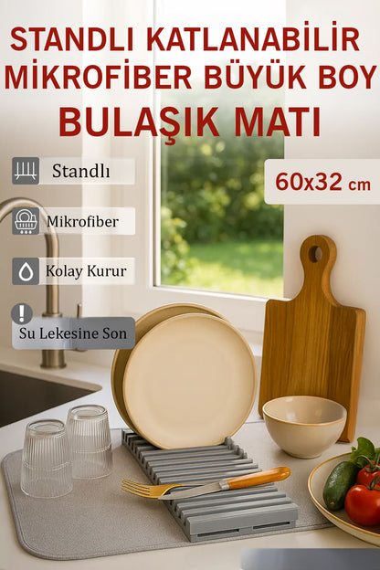 Bulaşıklık Katlanabilir 2 Katlı Büyük Boy – Mikrofiber Matlı Tezgah Üstü Kurutma Aparatı