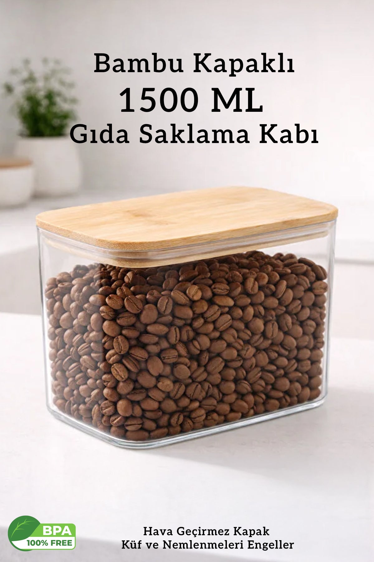 Bambu Kapaklı Dikdörtgen Hava Geçirmez Çok Amaçlı Gıda Erzak Bakliyat Saklama Kabı - 1500 ML