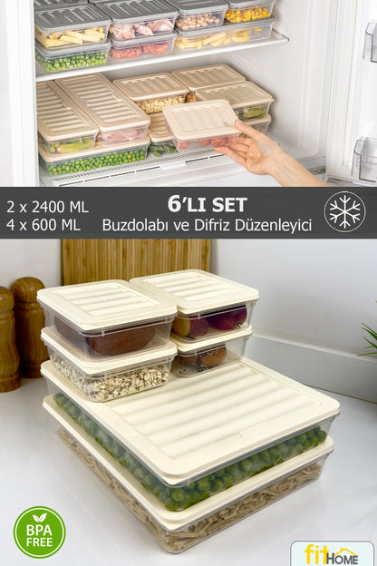 6'lı Buzdolabı ve Difriz Düzenleyici Çok Amaçlı  Saklama Kabı 2x2400ML 4x600ML