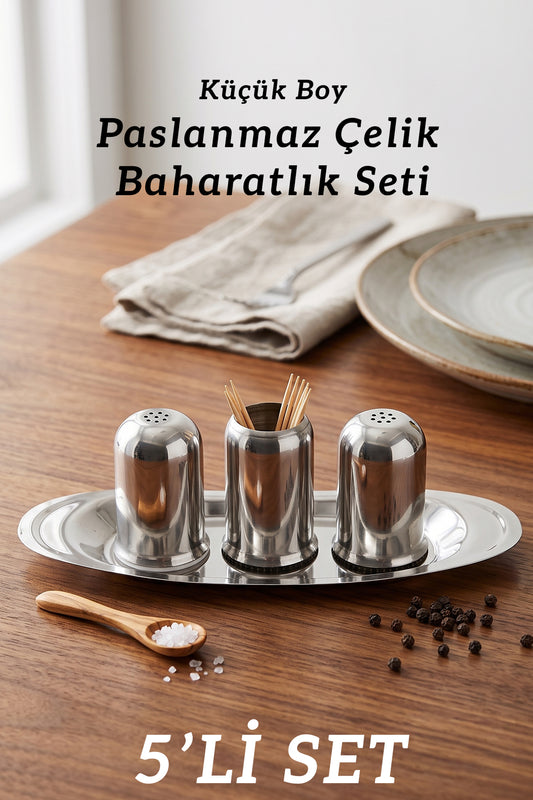 Küçük Boy Paslanmaz Çelik Baharatlık Seti Tepsili Metal Baharat Kabı Tuzluk Karabiberlik Restoran Kafe Ev Kullanımı 5 ADET