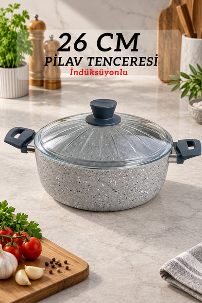 26 cm Granit Pilav Tenceresi Cam Kapaklı İndüksiyon Uyumlu Yanmaz Yapışmaz – Geniş Tabanlı Orta Boy