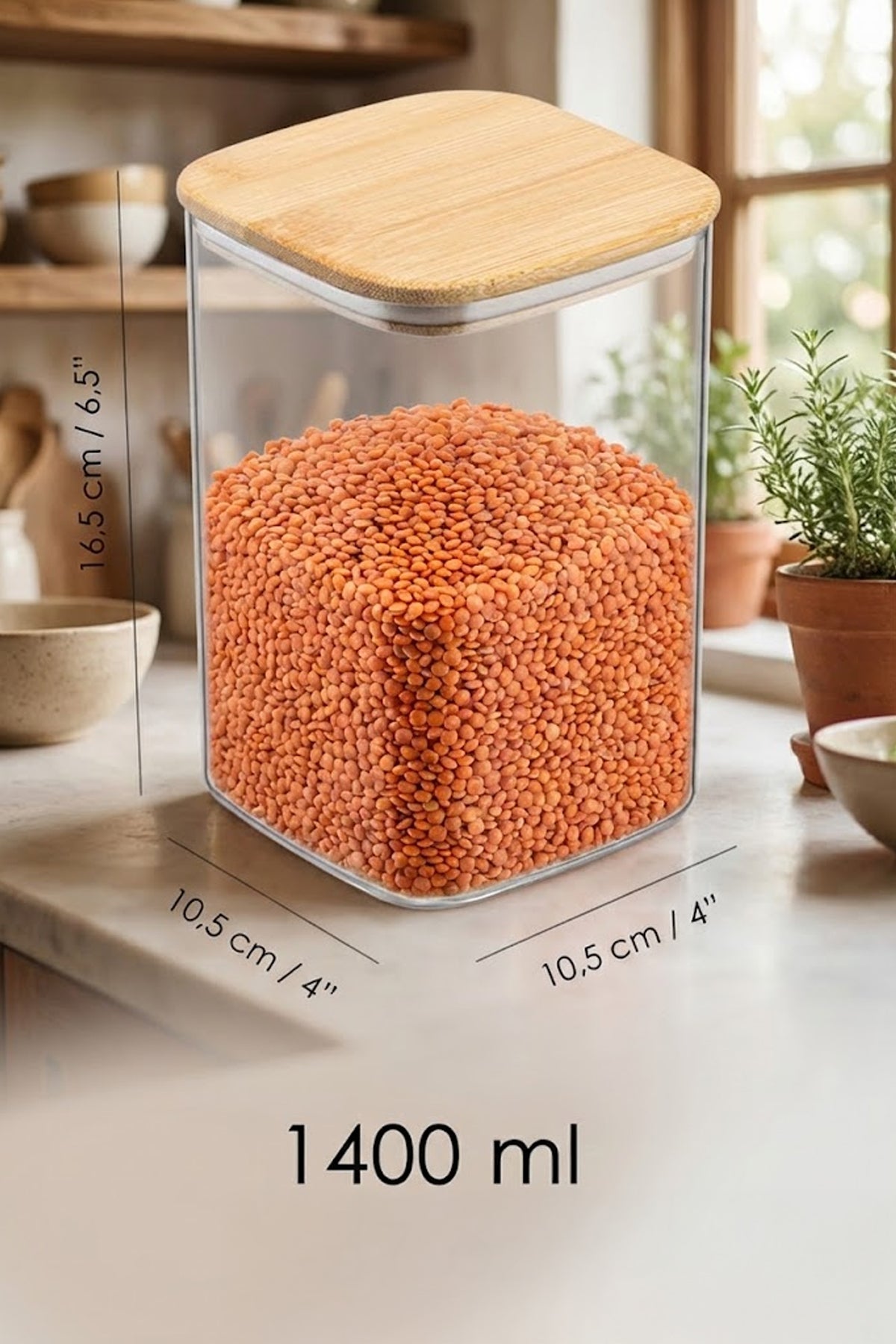 Bambu Kapaklı Kare 4’lü 1400 ML Hava Geçirmez Gıda Saklama Kabı Seti – Orta Boy Contalı Erzak Kabı