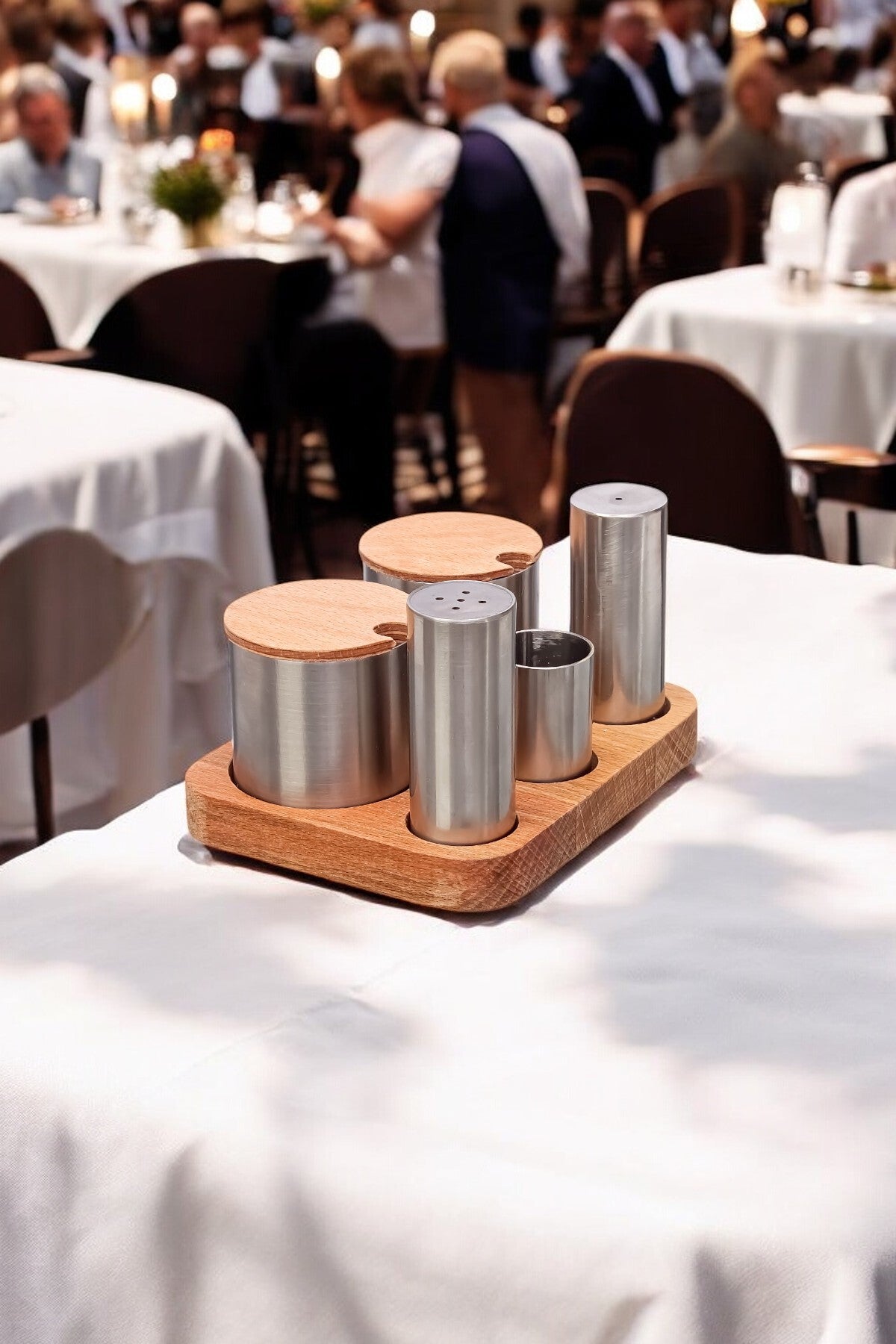 5'li Ahşap Stantlı Paslanmaz Çelik Baharatlık ve Şekerlik Seti Kafe Restorant Set