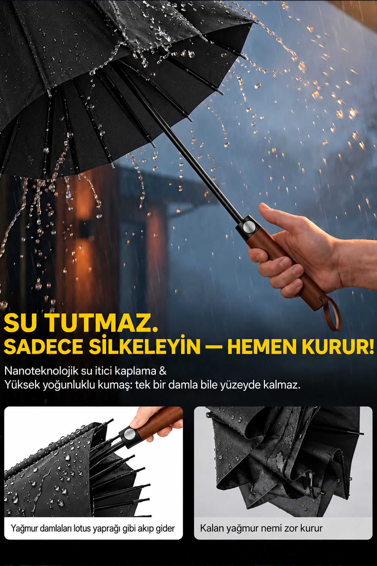 16 Telli Büyük Boy Şemsiye 115 cm – Ahşap Saplı Rüzgara Dayanıklı Su İtici Kumaşlı Uzun Şemsiye Samuray Şemsiye