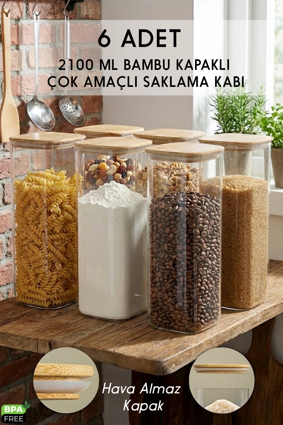 Bambu Kapaklı Kare 6’lı 2100 ML Hava Geçirmez Gıda Saklama Kabı Seti – 2.1 Litre Büyük Boy Erzak