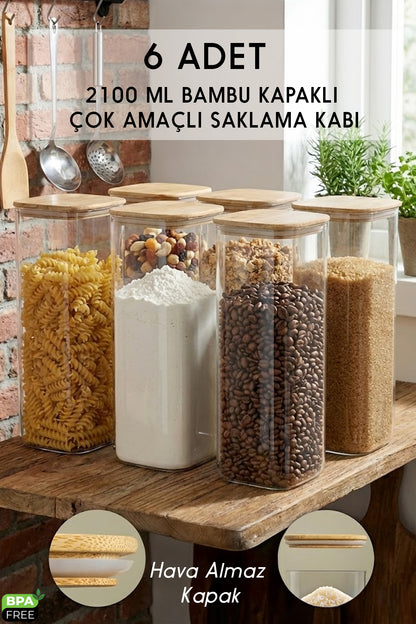 Bambu Kapaklı Kare 6’lı 2100 ML Hava Geçirmez Gıda Saklama Kabı Seti – 2.1 Litre Büyük Boy Erzak