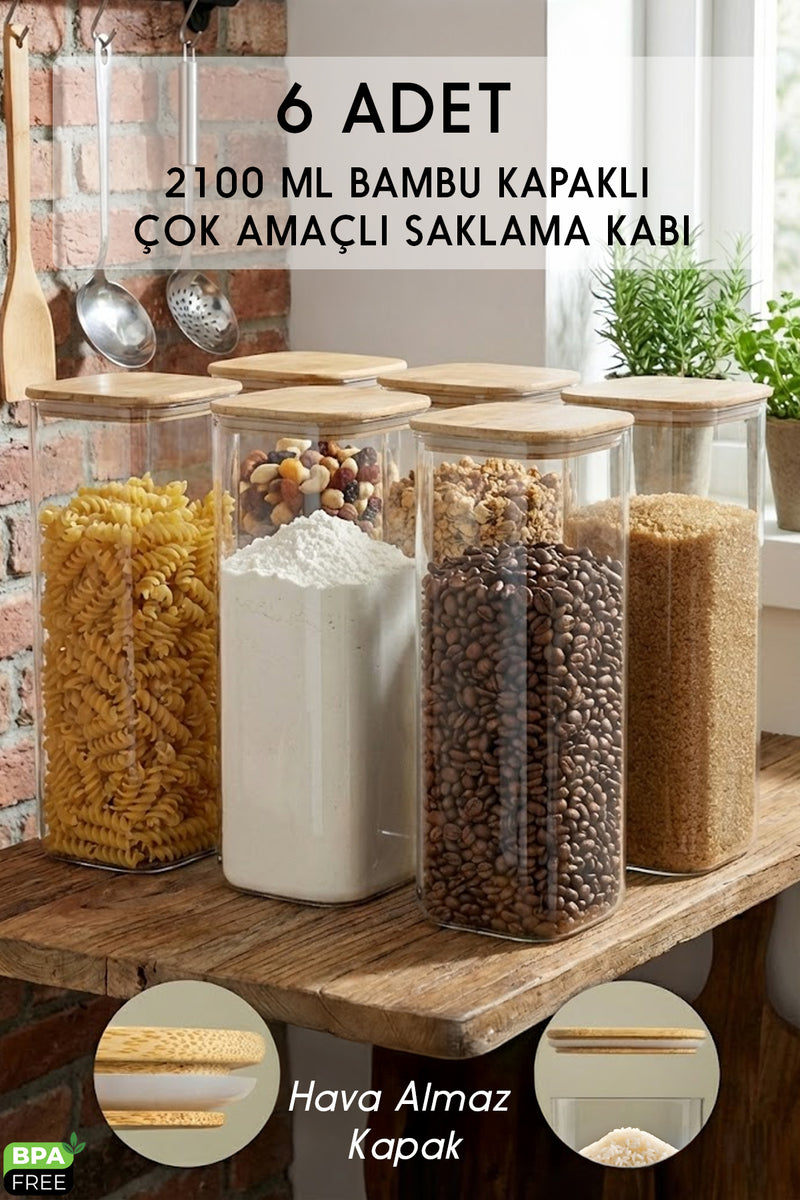 Bambu Kapaklı Kare 6’lı 2100 ML Hava Geçirmez Gıda Saklama Kabı Seti – 2.1 Litre Büyük Boy Erzak