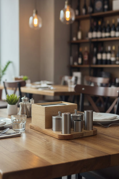 Tam Set Masif Ahşap Otel Restoran Kafe Lokanta Baharatlık Tuzluk Menaj Seti Paslanmaz Çelik