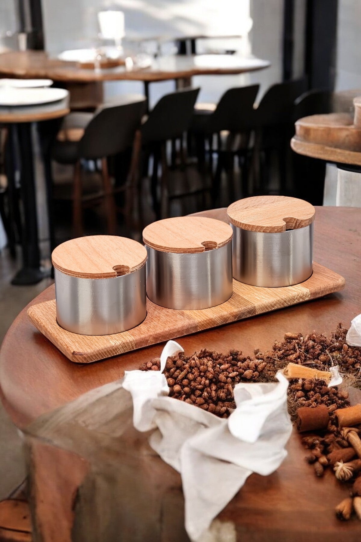 3'lü Paslanmaz Çelik Baharatlık Şekerlik Ahşap Stantlı Kafe Restorant Baharatlık