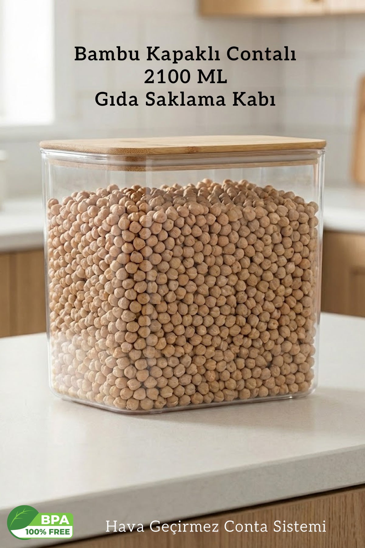 Bambu Kapak Contalı - Hava Almaz Dikdörtgen Gıda Bakliyat Saklama Kabı - 2100 ML