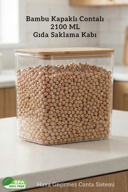 Bambu Kapak Contalı - Hava Almaz Dikdörtgen Gıda Bakliyat Saklama Kabı - 2100 ML
