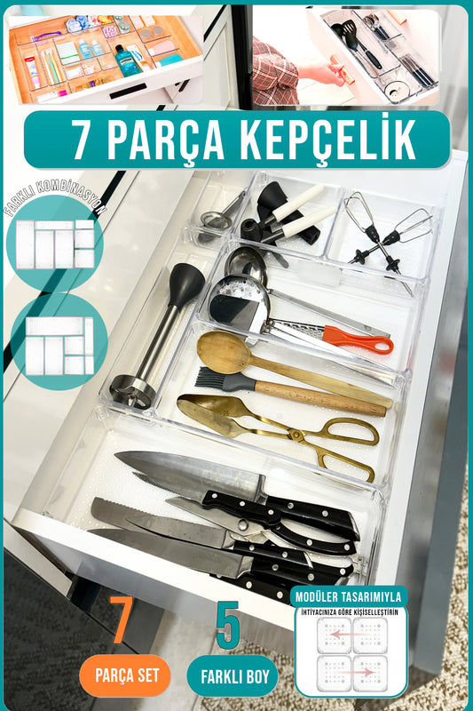 7'li Modüler Kepçelik Şeffaf Çekmece İçi Organizer