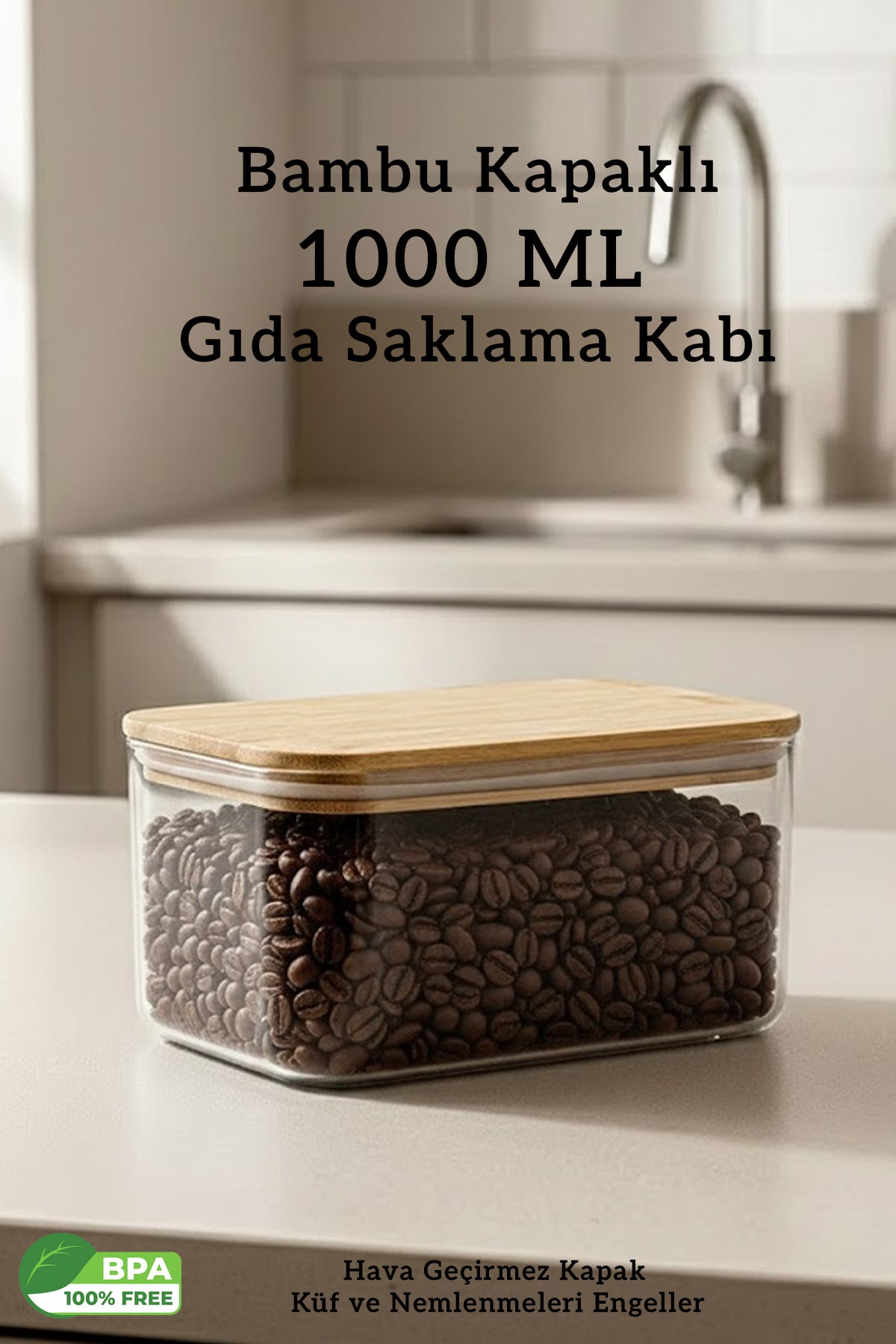 Bambu Kapak Contalı Hava Geçirmez Dikdörtgen Çay Kahve Gıda Bakliyat Saklama Kabı 1000 ML