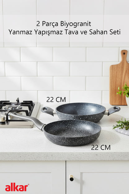 2 Parça 22 CM Bio Granit Sahan ve Tava Seti Yanmaz Yapışmaz, Sağlıklı ve Dayanıklı Kullanım