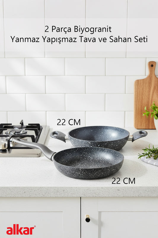 2 Parça 22 CM Bio Granit Sahan ve Tava Seti Yanmaz Yapışmaz, Sağlıklı ve Dayanıklı Kullanım
