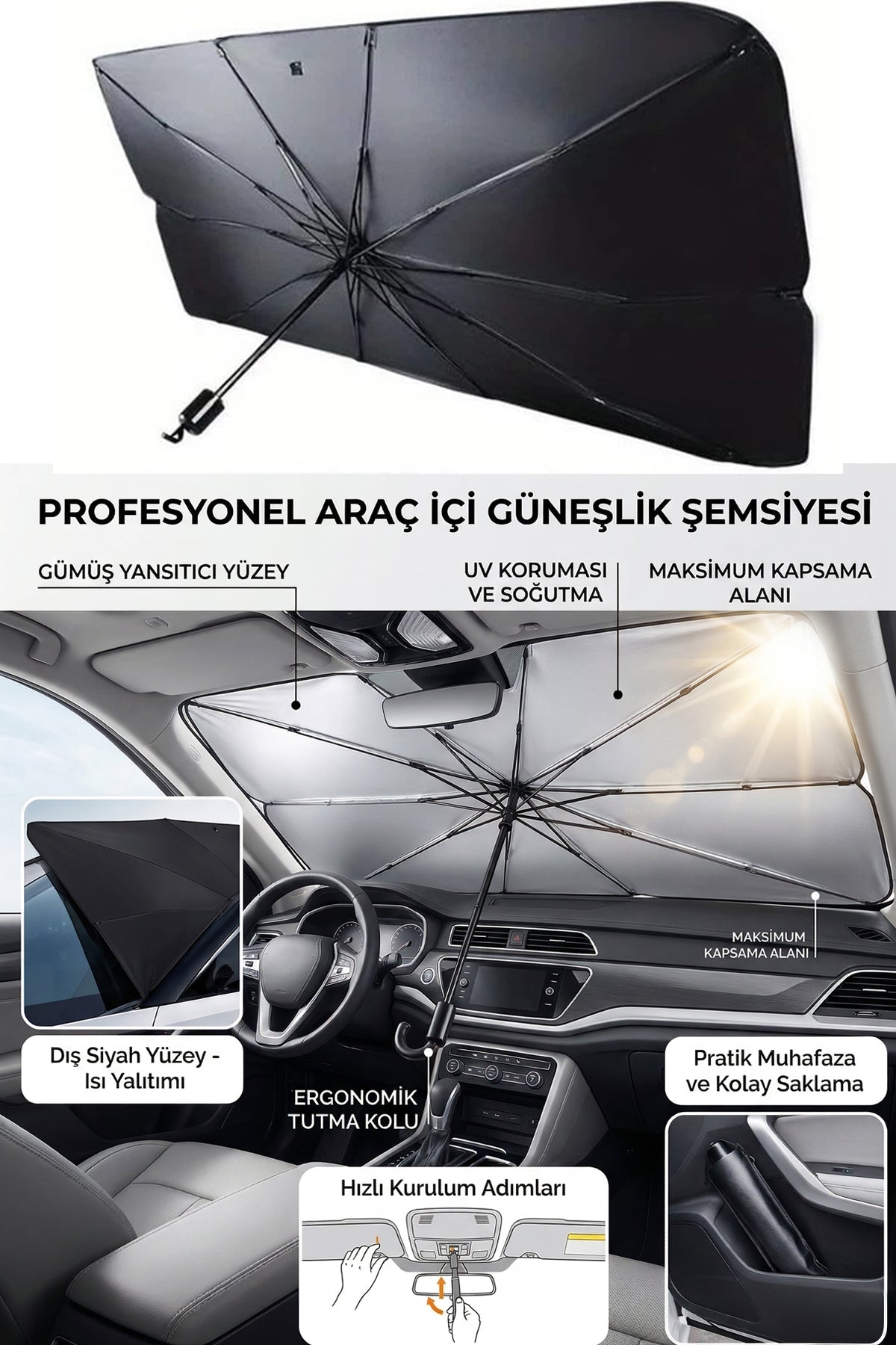 Araç İçi Şemsiye Ön Cam Güneşlik Katlanabilir Oto Güneş ve Isı Koruyucu UV Korumalı