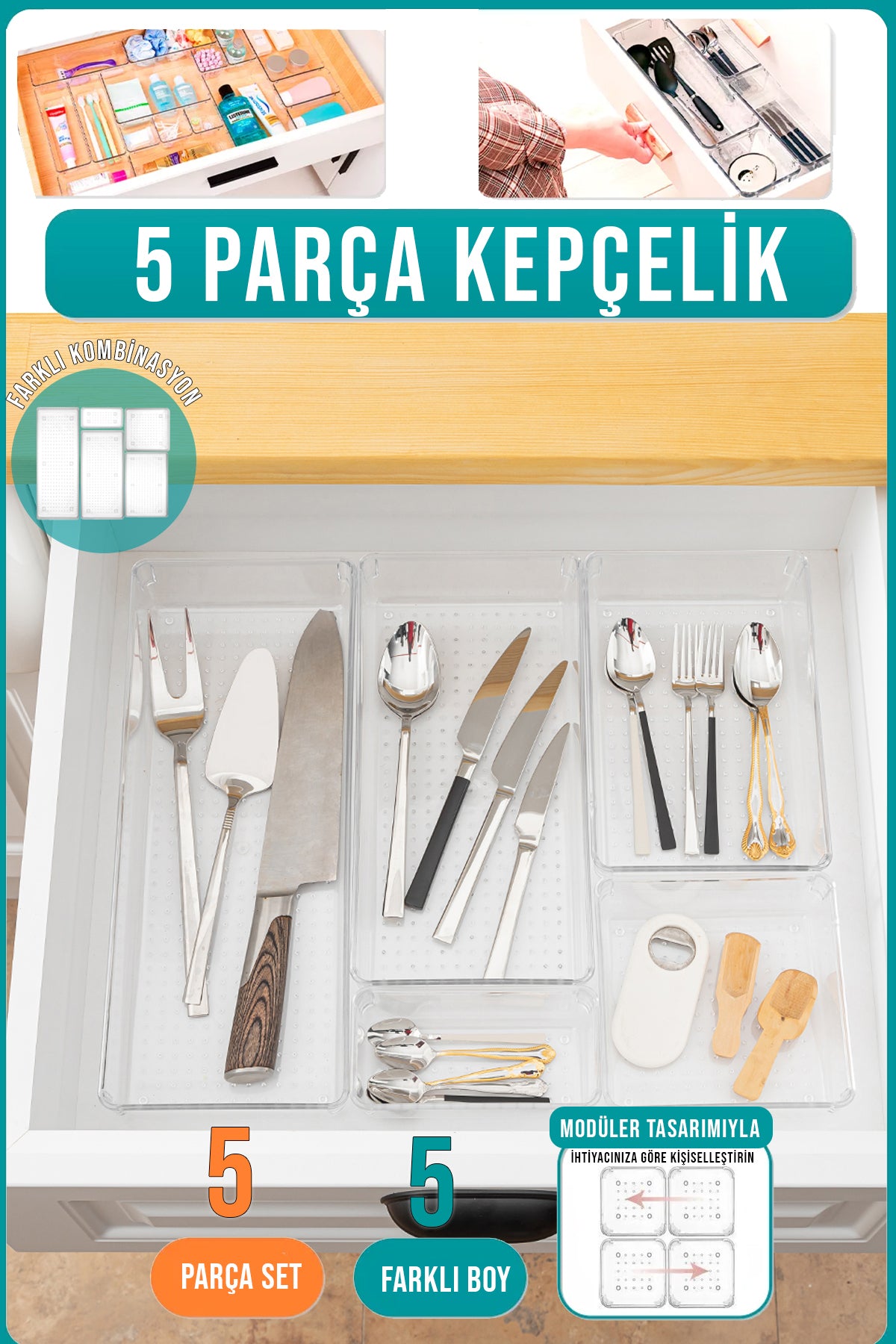 5 Parça Modüler Çekmece Düzenleyici Kepçelik ve Bıçak Organizer
