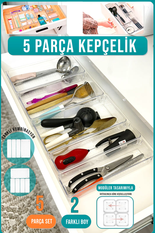 5 Parça Modüler Kepçelik Organizer Şeffaf Çekmece İçi Düzenleyici