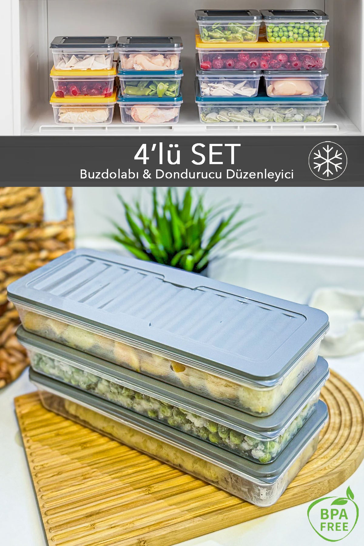 3'lü Buzdolabı Düzenleyici Difriz Organizer Mikrodalga Uygun Saklama Kabı 3 x 1170 ML Antrasit
