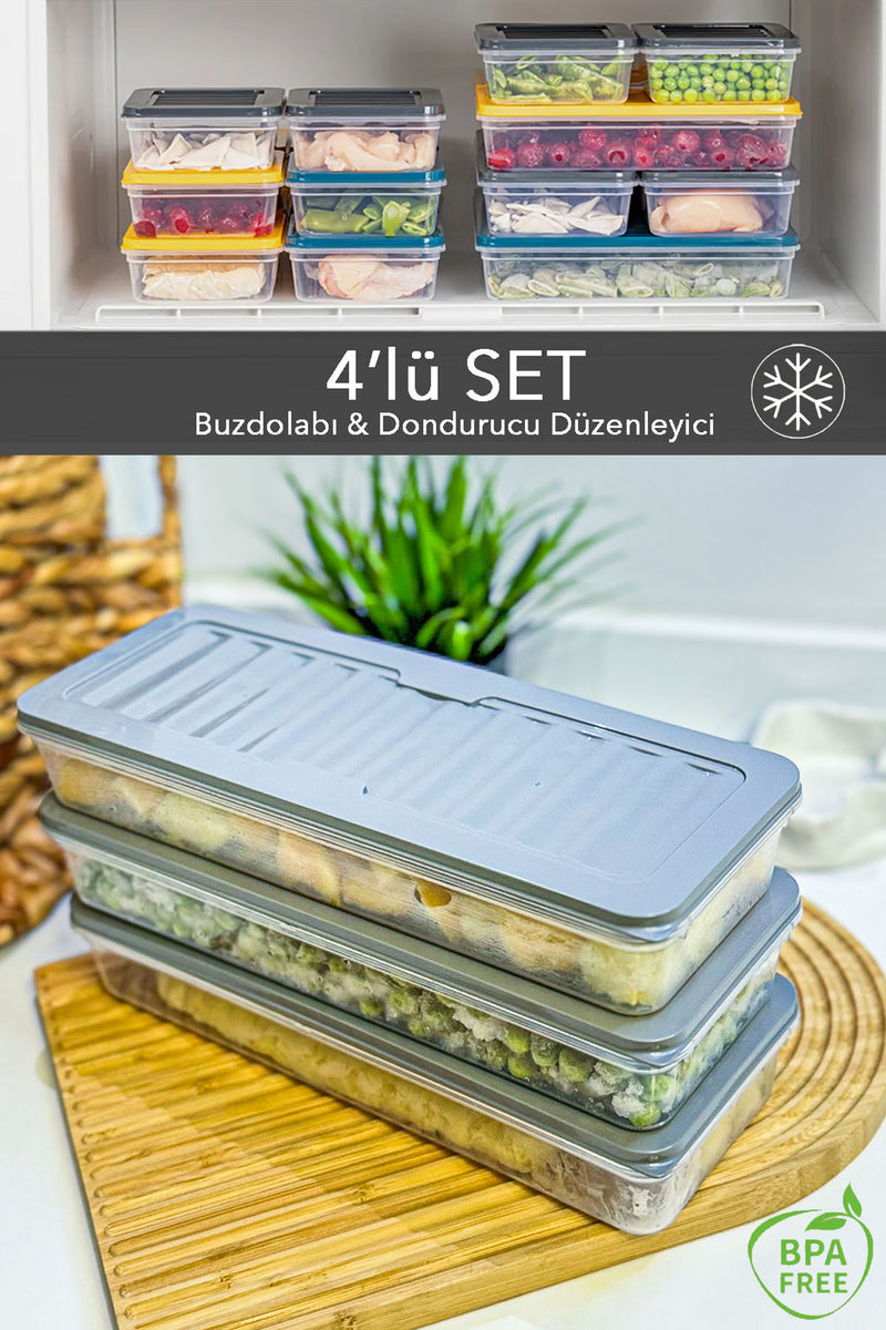 3'lü Buzdolabı Düzenleyici Difriz Organizer Mikrodalga Uygun Saklama Kabı 3 x 1170 ML Antrasit