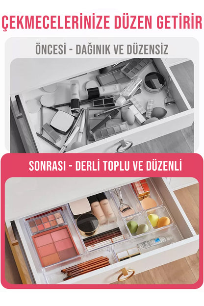 10'lu Çok Amaçlı Çekmece İçi Düzenleyici Set Şeffaf Organizer Makyaj Takı Organizeri