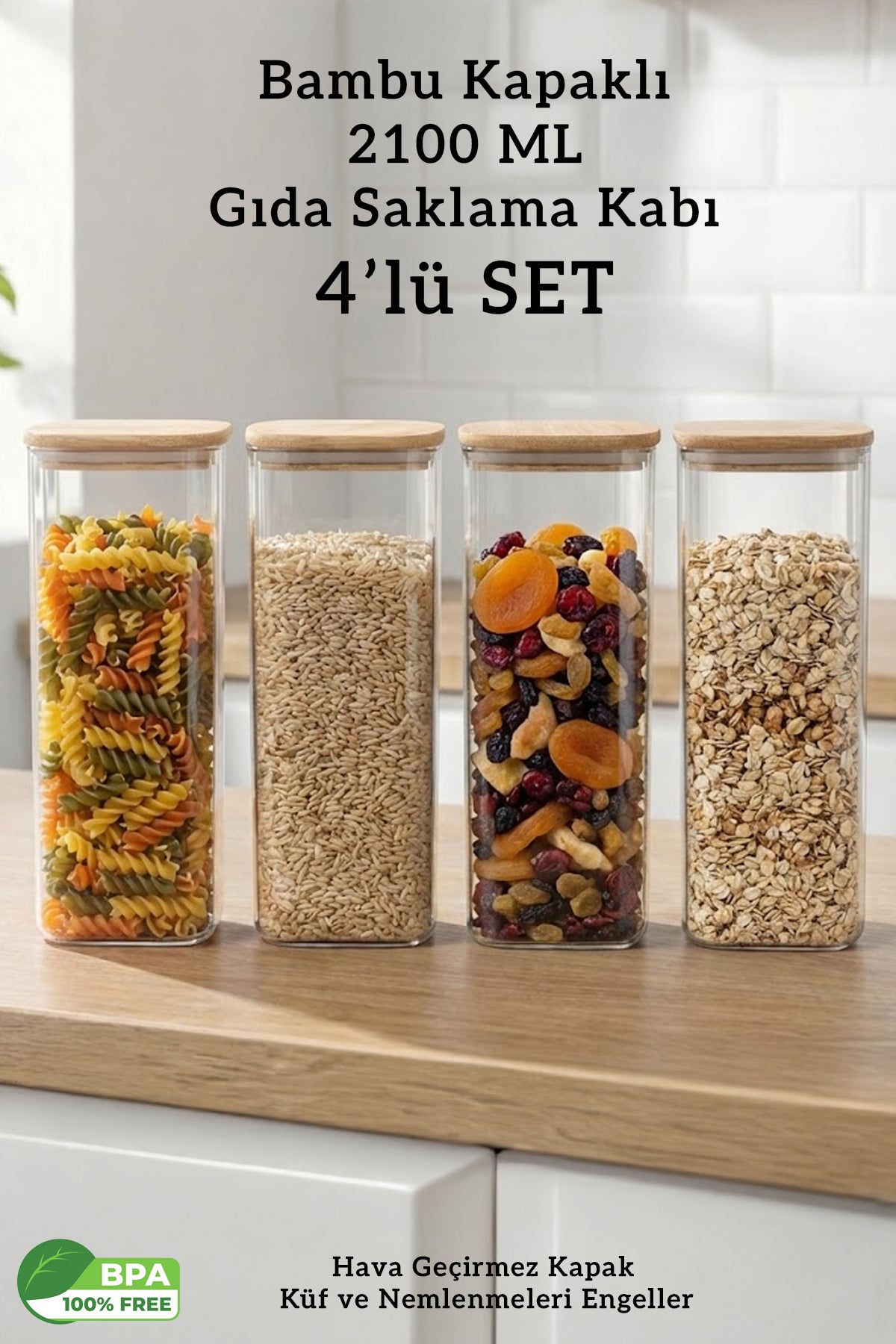 Bambu Kapaklı Kare 4’lü 2100 ML Hava Geçirmez Büyük Hacimli Gıda Saklama Kabı Seti