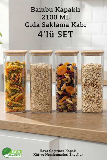 Bambu Kapaklı Kare 4’lü 2100 ML Hava Geçirmez Büyük Hacimli Gıda Saklama Kabı Seti