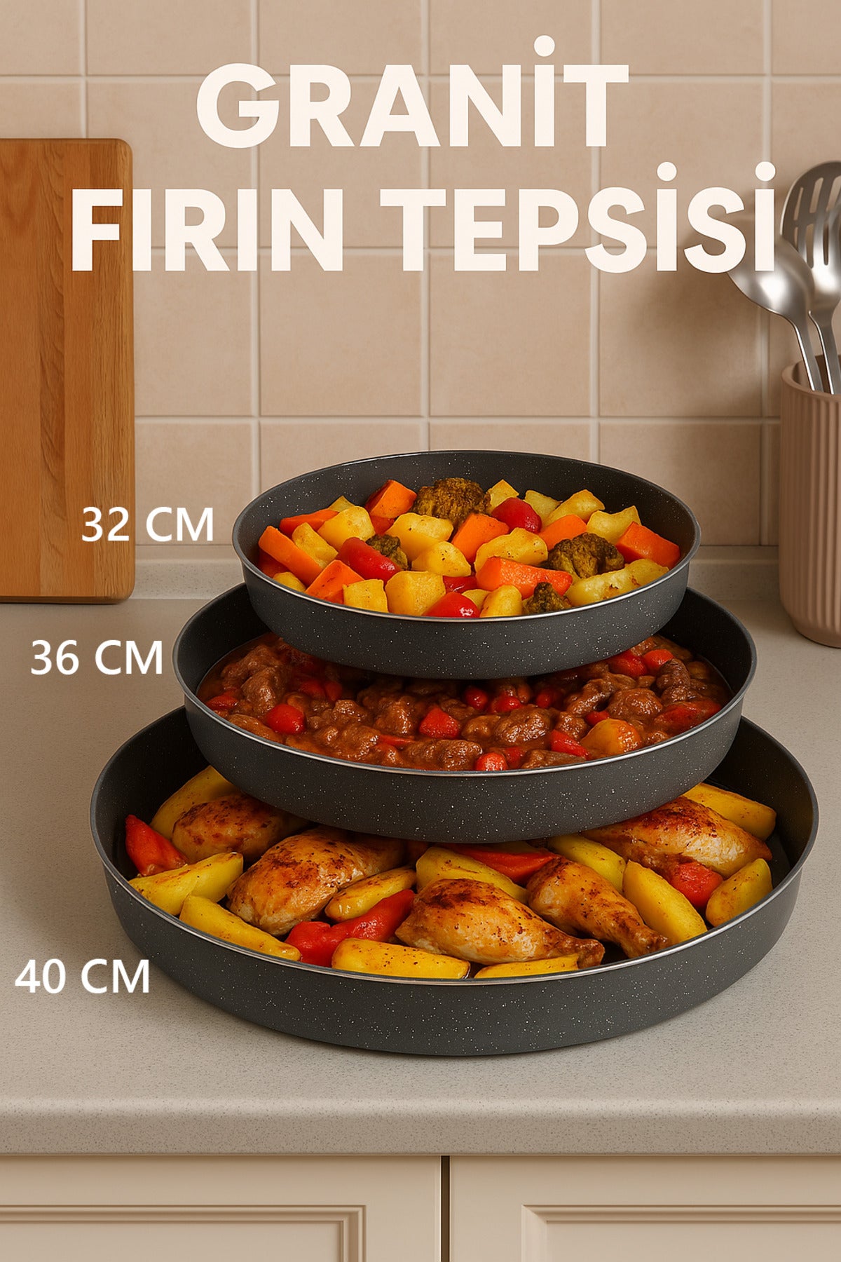 Granit Yanmaz Yapışmaz Tepsi Seti 32-36-40 Cm Fırın Tepsi