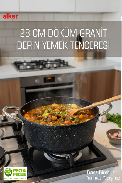 Büyük Boy Derin Yemek Tenceresi Döküm Granit 28 CM Fırına Girebilir