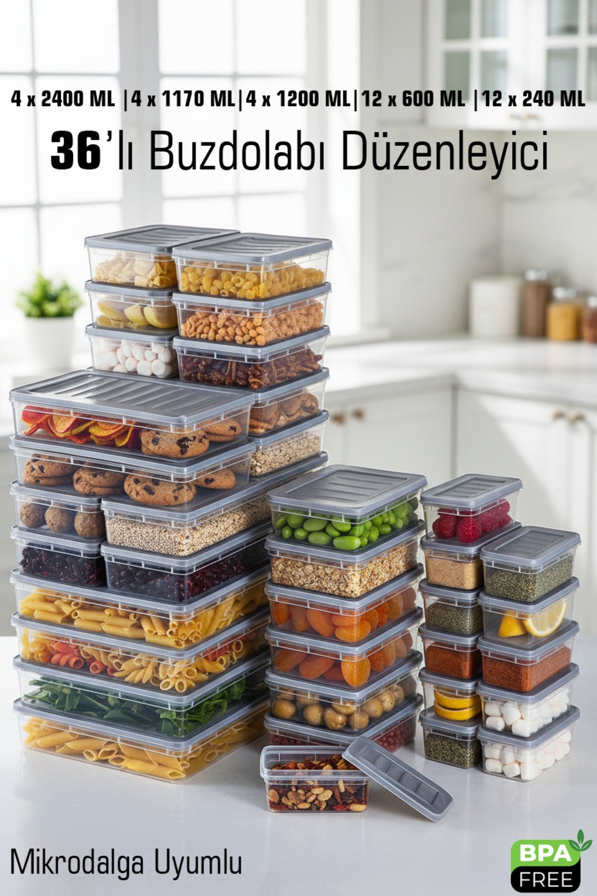 36'lı Set Buzdolabı ve Difriz Düzenleyici Saklama Kabı Seti Dolap İçi Düzen BPA Free Mikrodalga