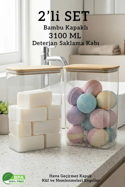 Bambu Kapaklı Dikdörtgen Büyük Boy Hava Almaz Deterjan Tablet Saklama Kutusu - 3100 ML