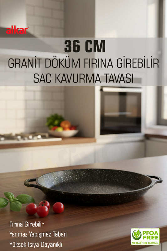 Büyük Boy Döküm Granit 36 CM Sac Kavurma Tavası Fırına Girebilir Yapışmaz