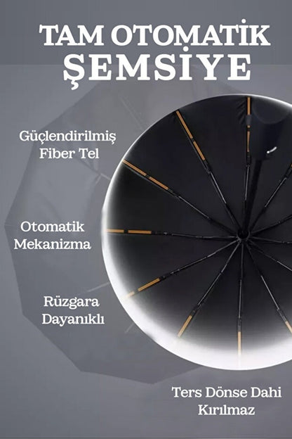 Çanta Boy Tam Otomatik Rüzgara Dayanıklı Fiber 12 Tel Şemsiye