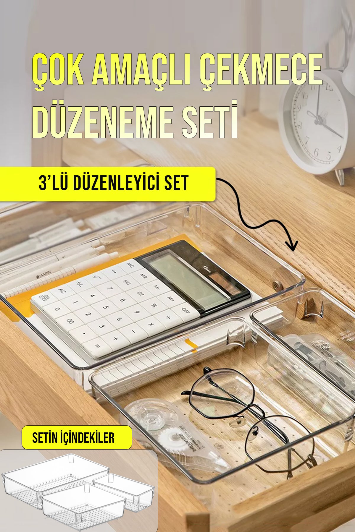 3 Parça Çekmece İçi Düzenleyici Çok Amaçlı Organizer Makyaj Malzemeleri Kırtasiye Banyo Ofis