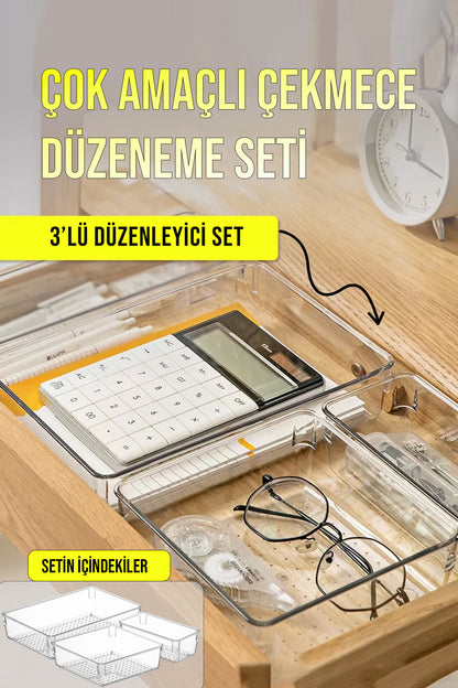 3 Parça Çekmece İçi Düzenleyici Çok Amaçlı Organizer Makyaj Malzemeleri Kırtasiye Banyo Ofis