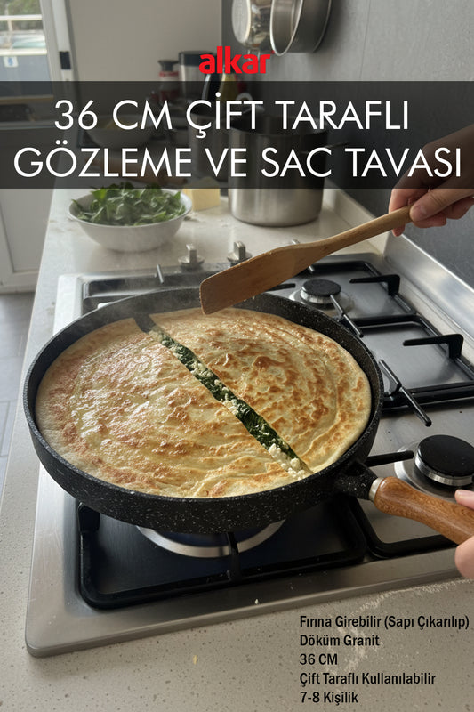 36 Cm Çift Taraflı Sapı Çıkarılıp Fırına Atılabilir Gözleme ve Et Pişirme Izgara Tavası Döküm Granit