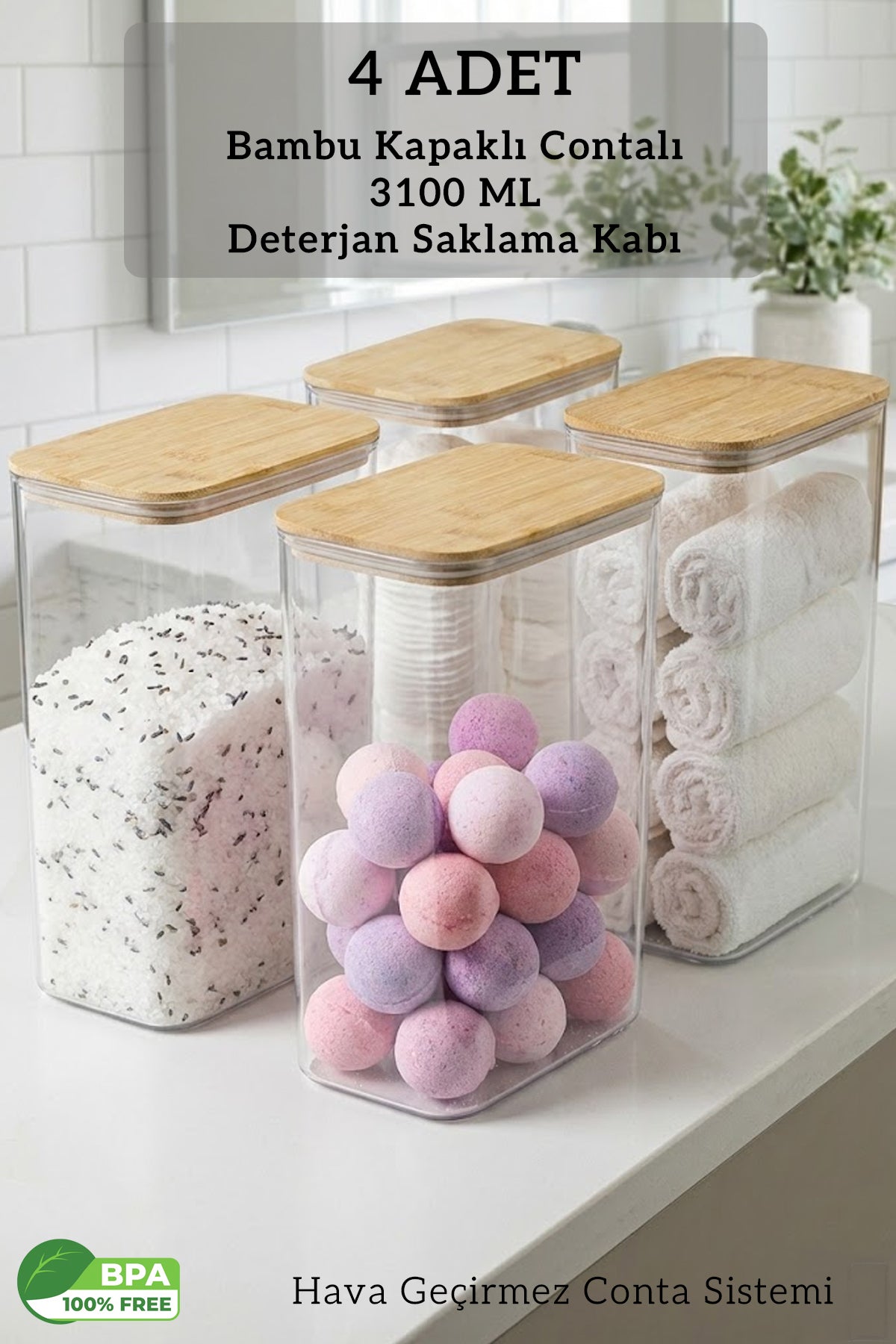 Bambu Kapaklı Dikdörtgen 3100 ML Deterjan Saklama Kabı – Hava Geçirmez, Nem Önleyici Büyük Boy